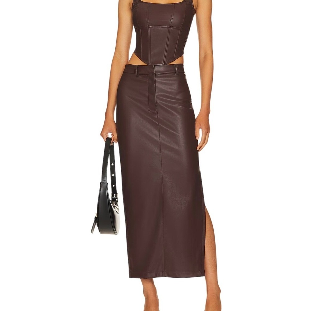 Revolve OW Collection Amara Brown Faux Leather Maxi Skirt Slit High Waist Pencil